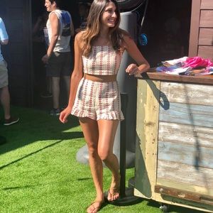 Two piece, beige and red flowered